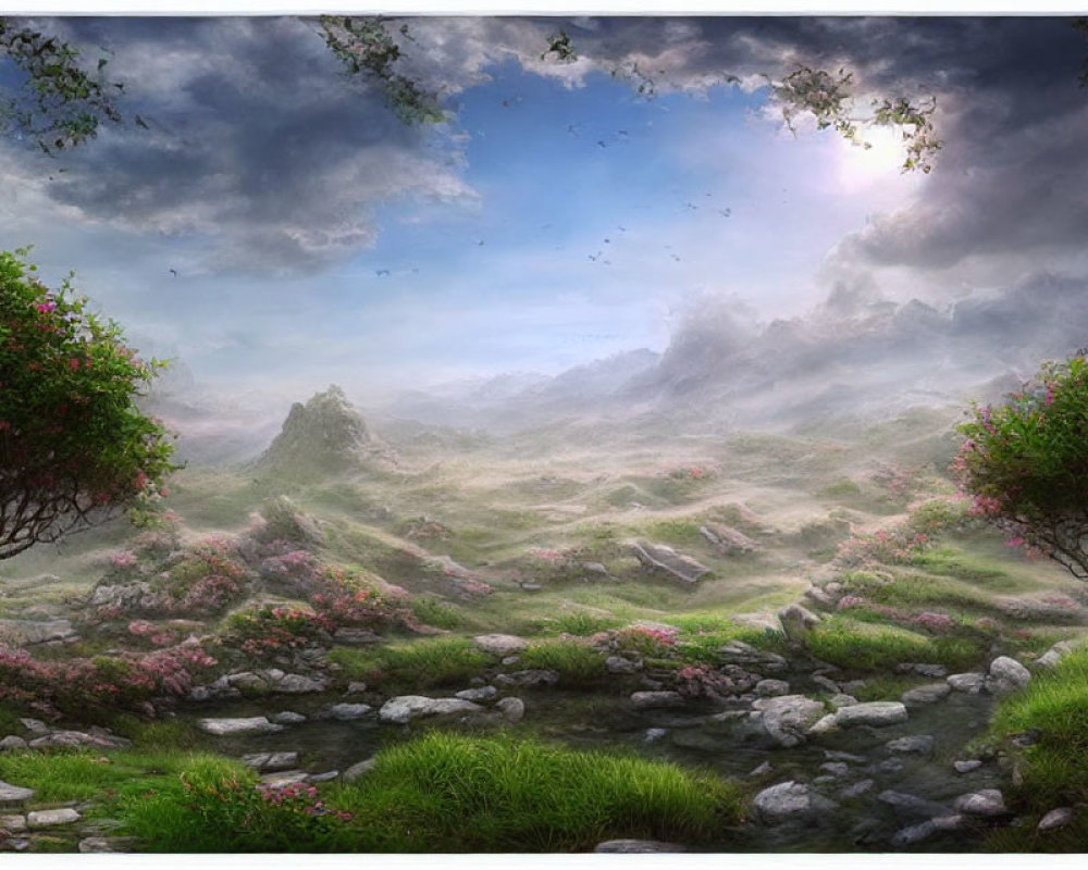 Tranquil fantasy landscape with green hills, flowering trees, stream, and cloudy sky