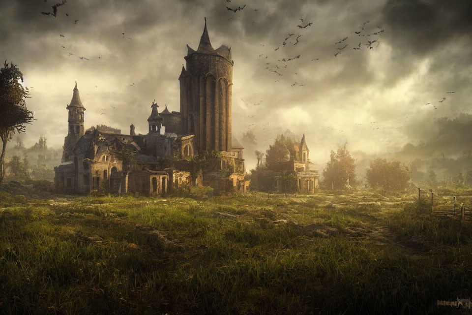 Medieval landscape with decrepit buildings, spire, and dramatic sky at dusk