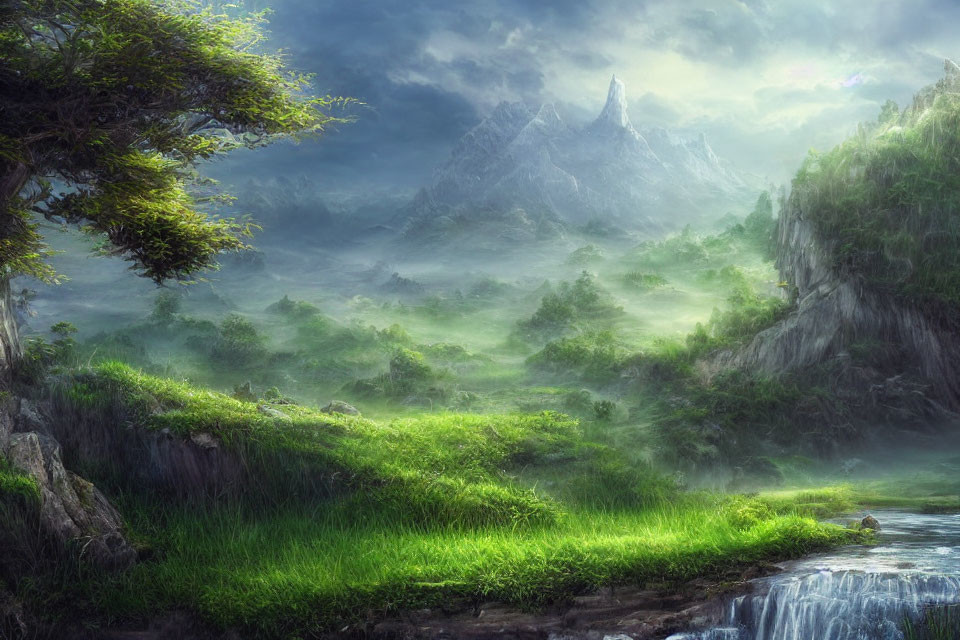 Mystical landscape with waterfall, lush greenery, mist, and mountains