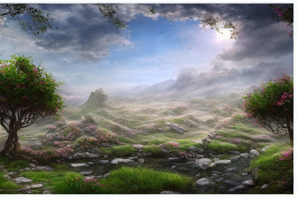 Tranquil fantasy landscape with green hills, flowering trees, stream, and cloudy sky