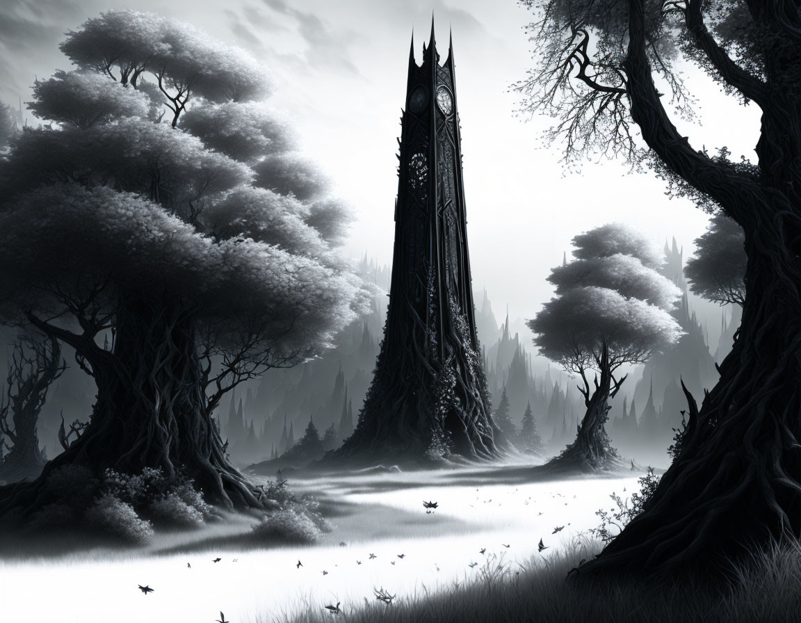 Monochromatic fantasy landscape with gothic clock tower in eerie forest