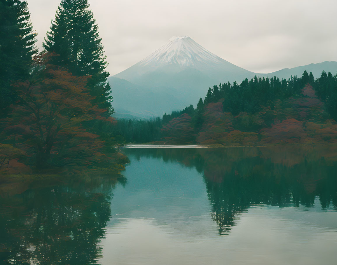 Serene lake with trees and Mount Fuji in misty backdrop