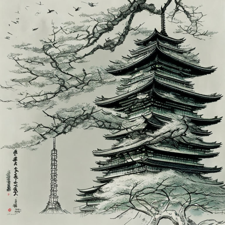 East Asian ink painting of multi-tiered pagoda, birds, pine trees, mountain backdrop, and