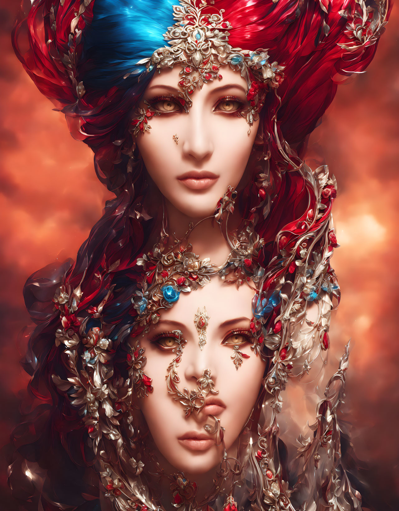 Two women with red and blue headwear, golden jewelry, and fiery backdrop