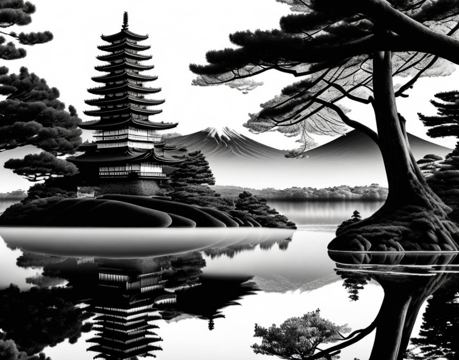 Serene Japanese landscape with pagoda, Mount Fuji, pine trees, and reflective water