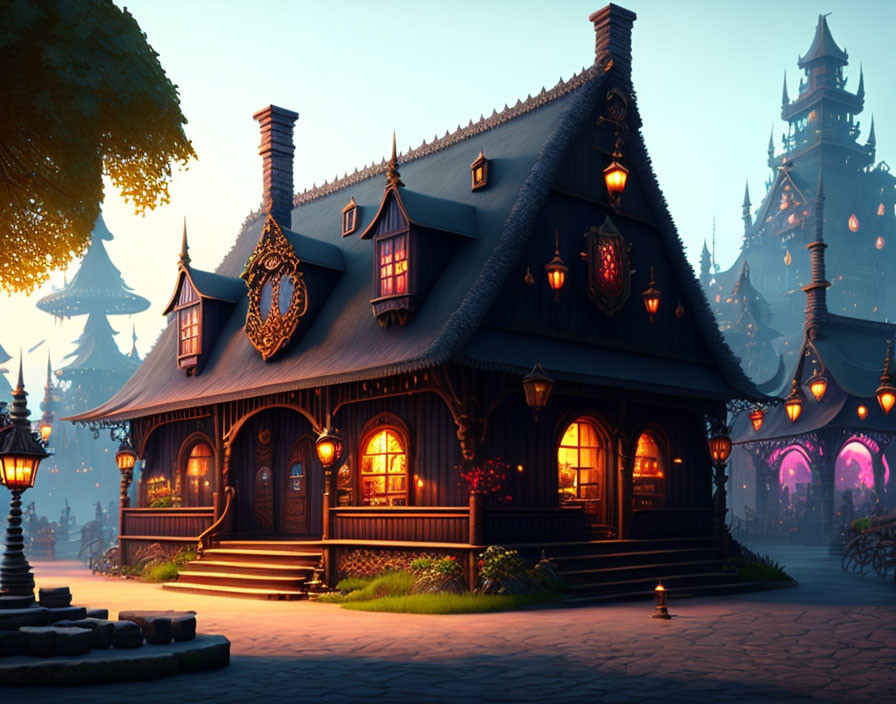 Enchanted twilight fairy tale cottage with glowing windows