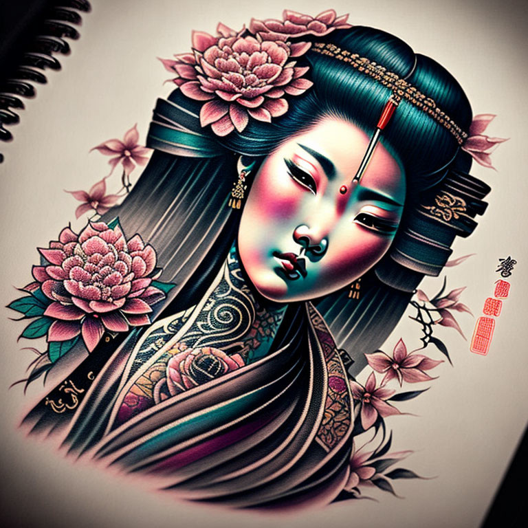 Stylized Asian woman with elaborate hairstyles, flowers, and tattoos