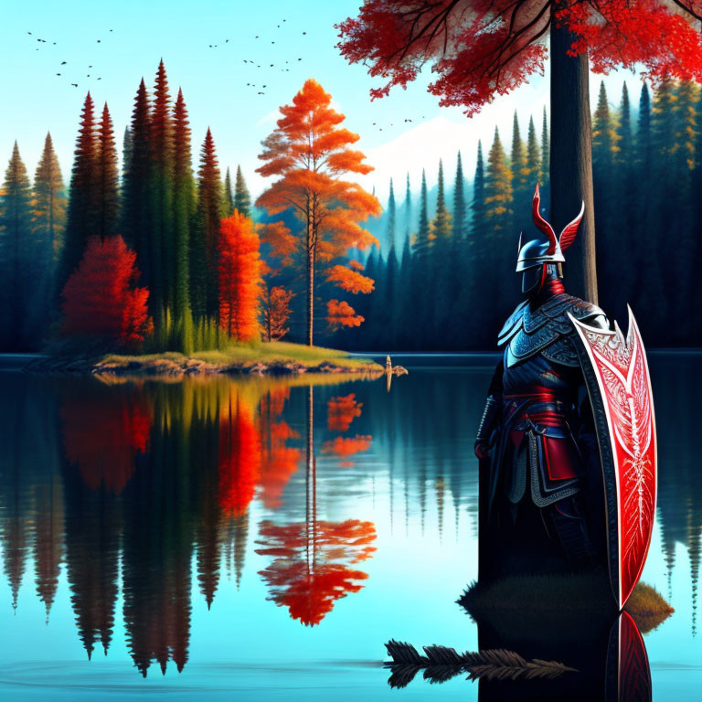 Knight in Red and Black Armor by Serene Lake with Autumn Trees Reflection