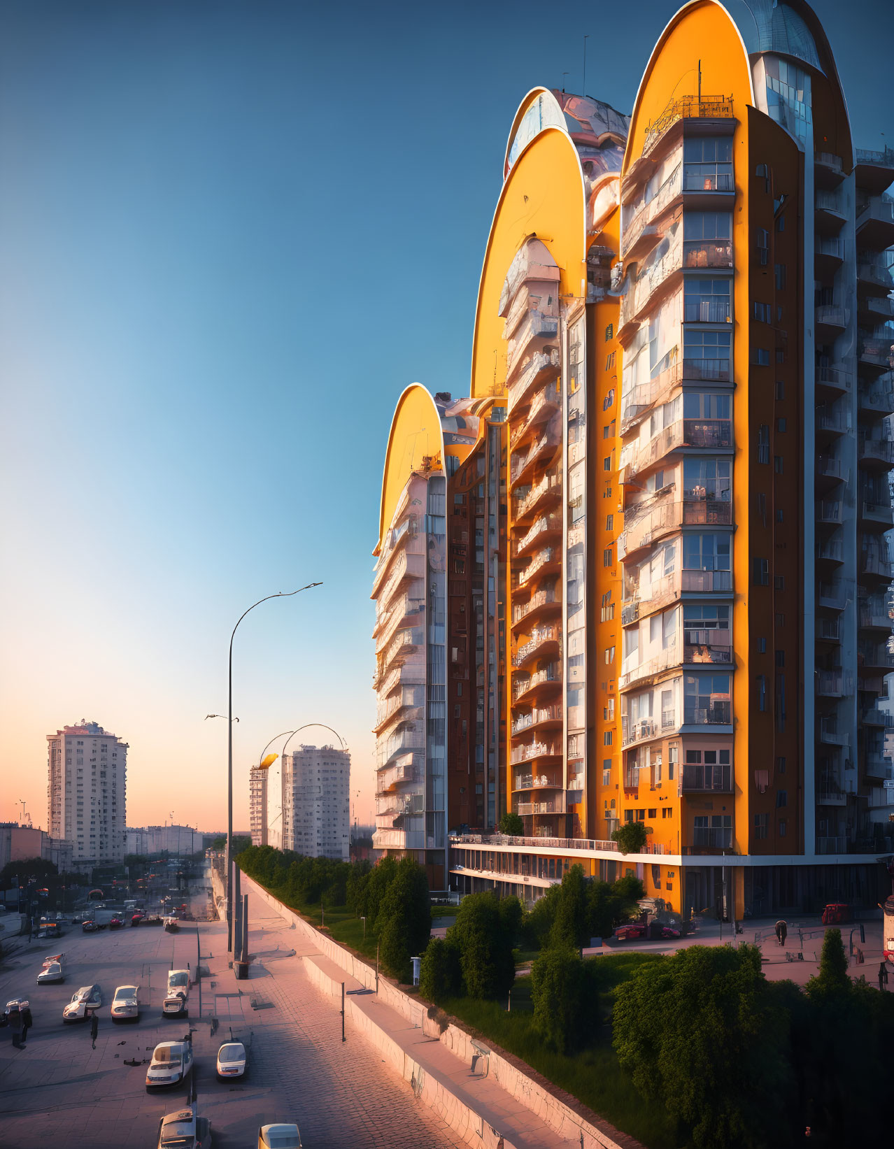 Sunset view of modern orange-hued buildings with arches and cars on street