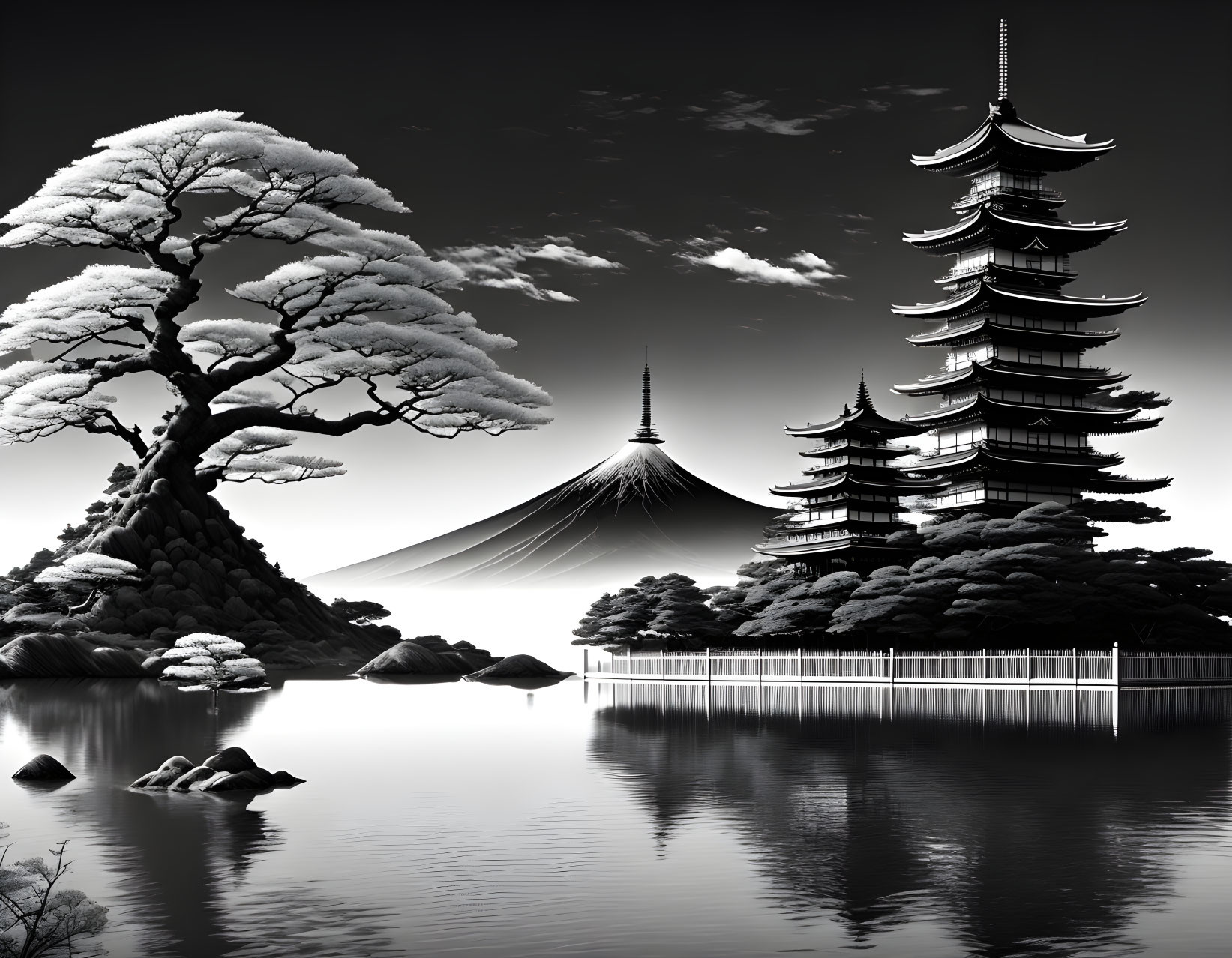 Serene black and white landscape with pagoda, Mount Fuji, water, and tree