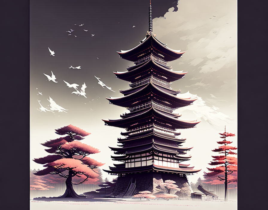 Autumn-themed pagoda illustration with flying birds in pastel hues