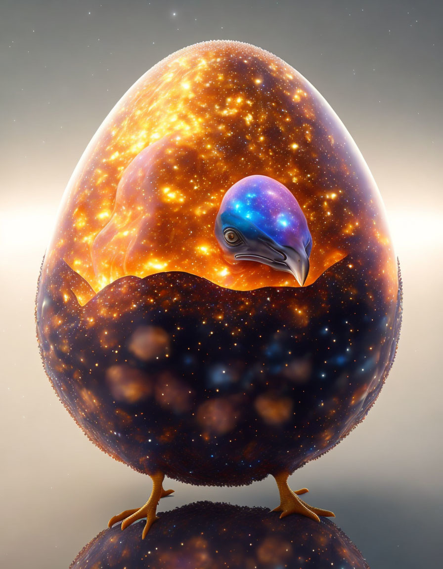 Surreal bird hatching from cosmic egg with lava-like glow