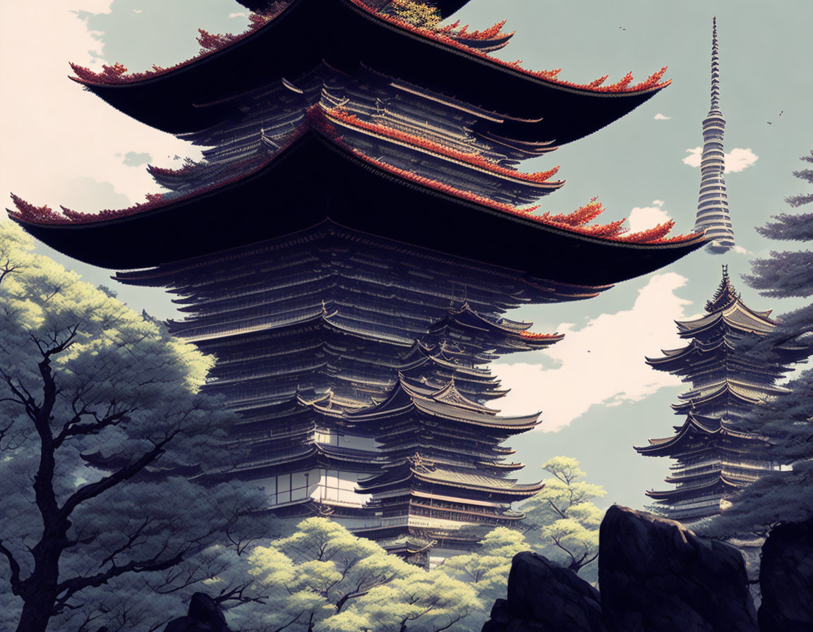 Serene multi-tiered pagoda with futuristic spire in lush landscape