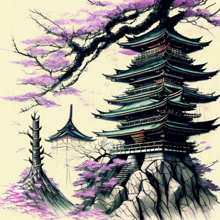 Ancient multi-tiered pagoda in East Asian setting with cherry blossoms and barren tree.