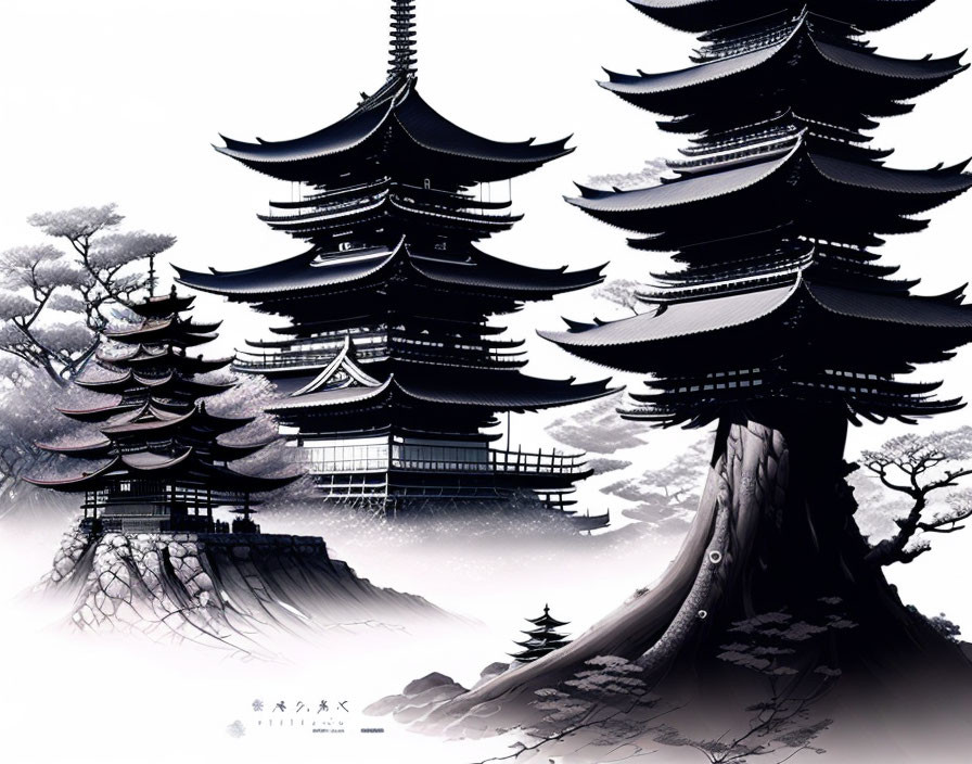 Detailed Japanese pagodas in misty landscape with trees and traditional architecture