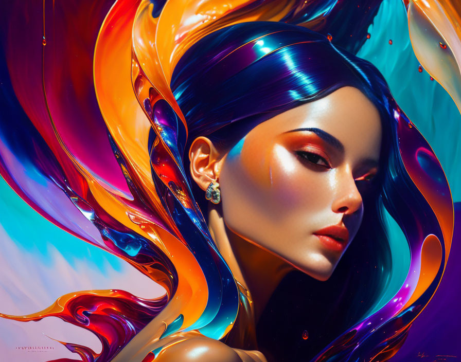 Colorful digital artwork: Woman with flowing, ribbon-like hair under radiant light