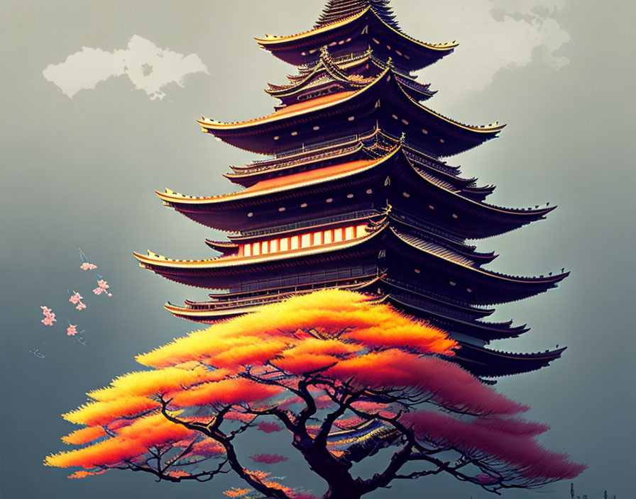 Traditional multi-tiered pagoda with fiery orange leaves and cloudy sky.