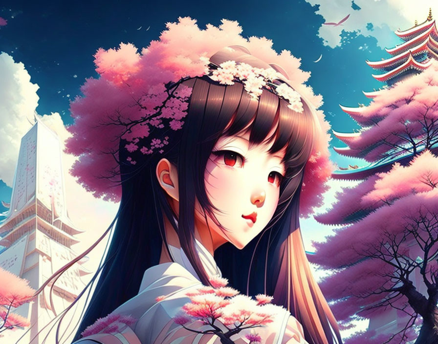 Anime-style girl with floral hairpiece among cherry blossoms and pagoda under blue sky