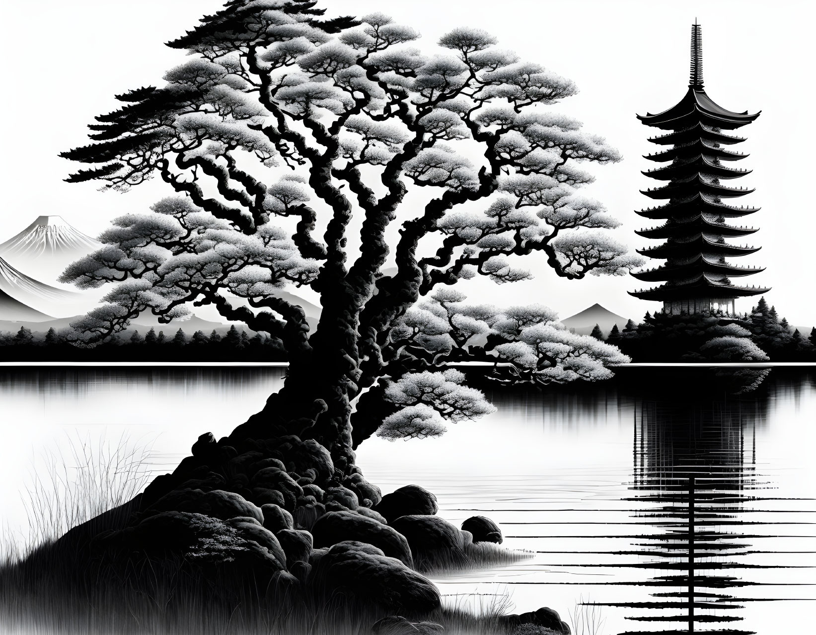 Detailed Monochromatic Landscape: Tree, Temple, Mount Fuji, Lake Reflection