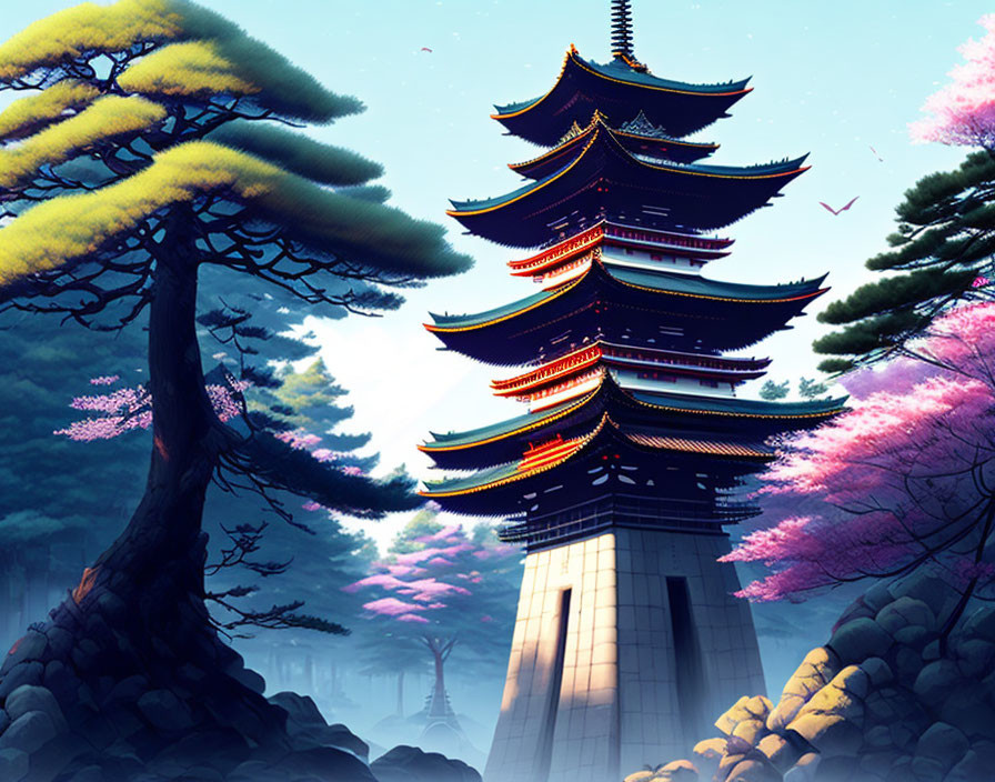 Mystical forest scene with multi-tiered pagoda at twilight