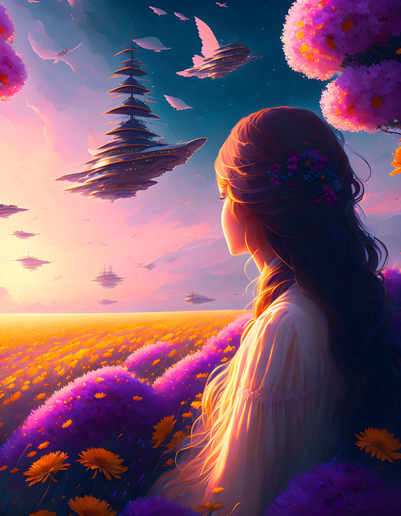 Woman admires surreal sunset with floating islands and ships over purple flower field