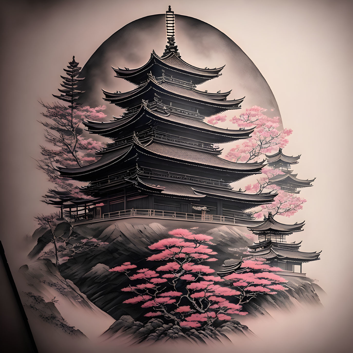 Traditional Japanese Pagoda in Cherry Blossom and Pine Tree Oval Frame