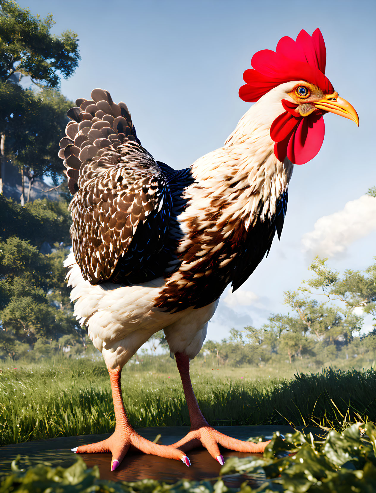 Vibrant digital image: Larger-than-life rooster in sunny meadow