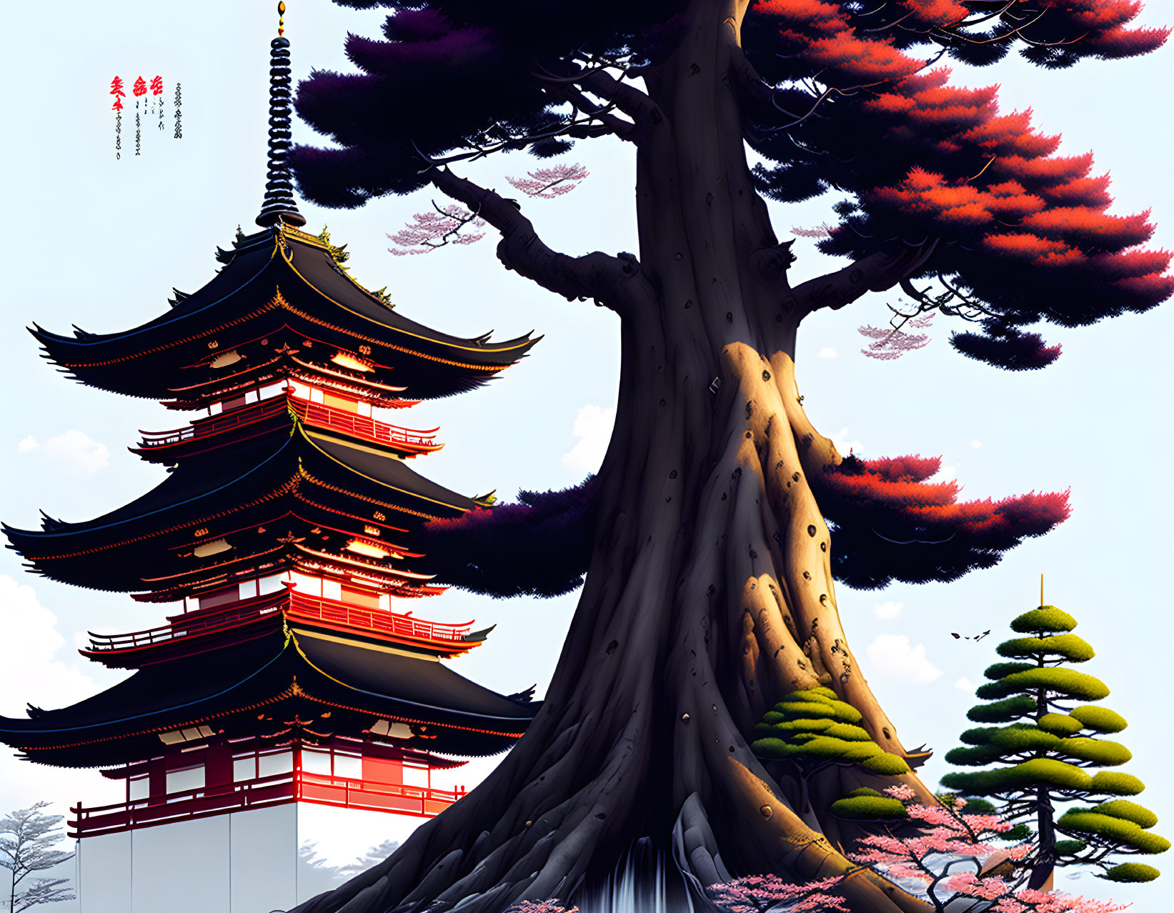 Digital illustration of ancient tree and pagoda tower in traditional Japanese style