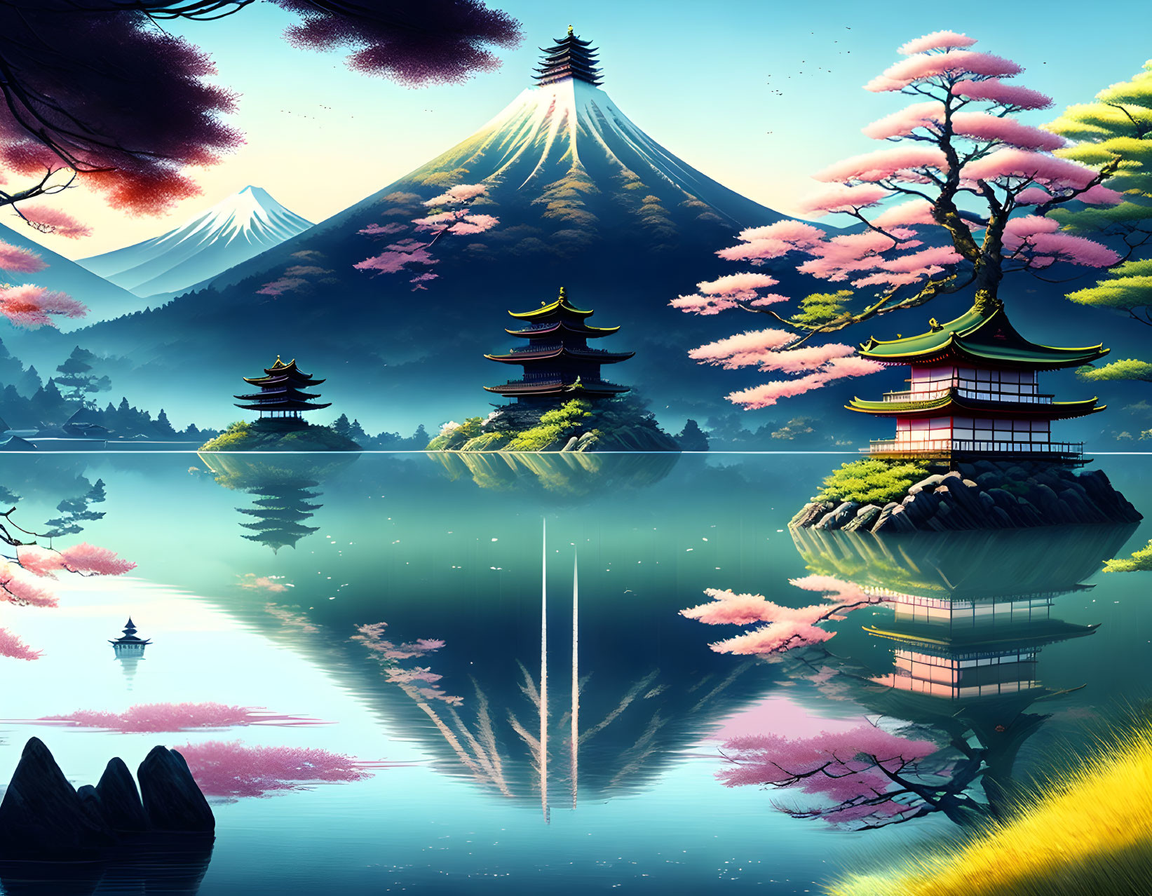 Tranquil landscape with Mount Fuji, pagodas, cherry blossoms, and reflective lake