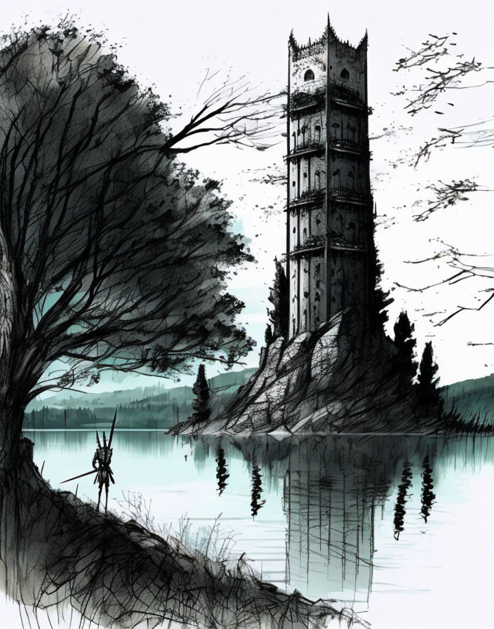 Monochromatic medieval tower illustration by tranquil lake with figure