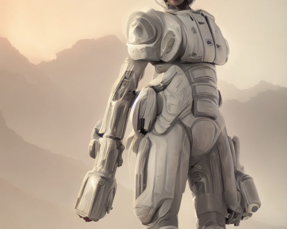 Futuristic astronaut in white spacesuit in misty mountain landscape