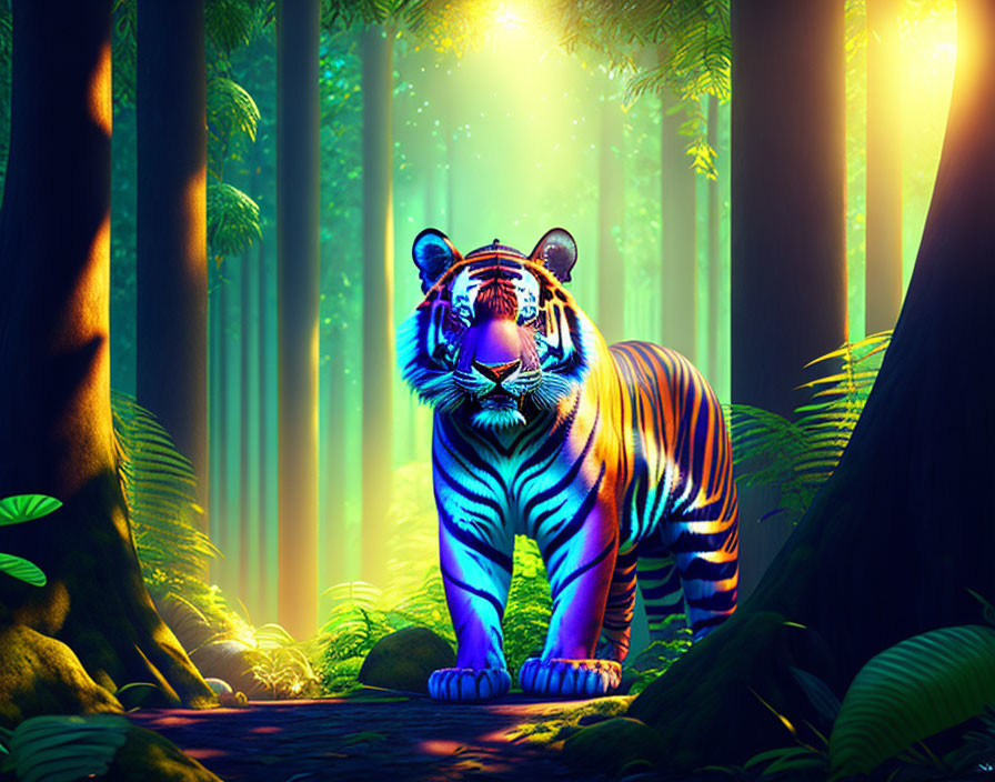 Glowing tiger in mystical forest with beams of light