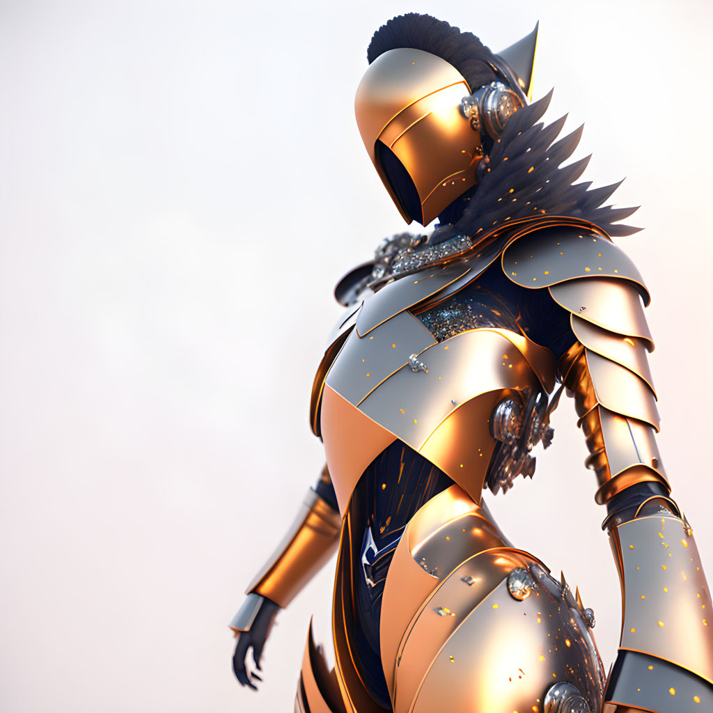 Futuristic knight in ornate golden armor with intricate designs