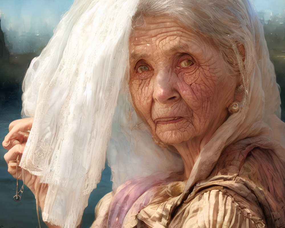 Elderly woman with deep wrinkles and lace veil in warm-toned garments