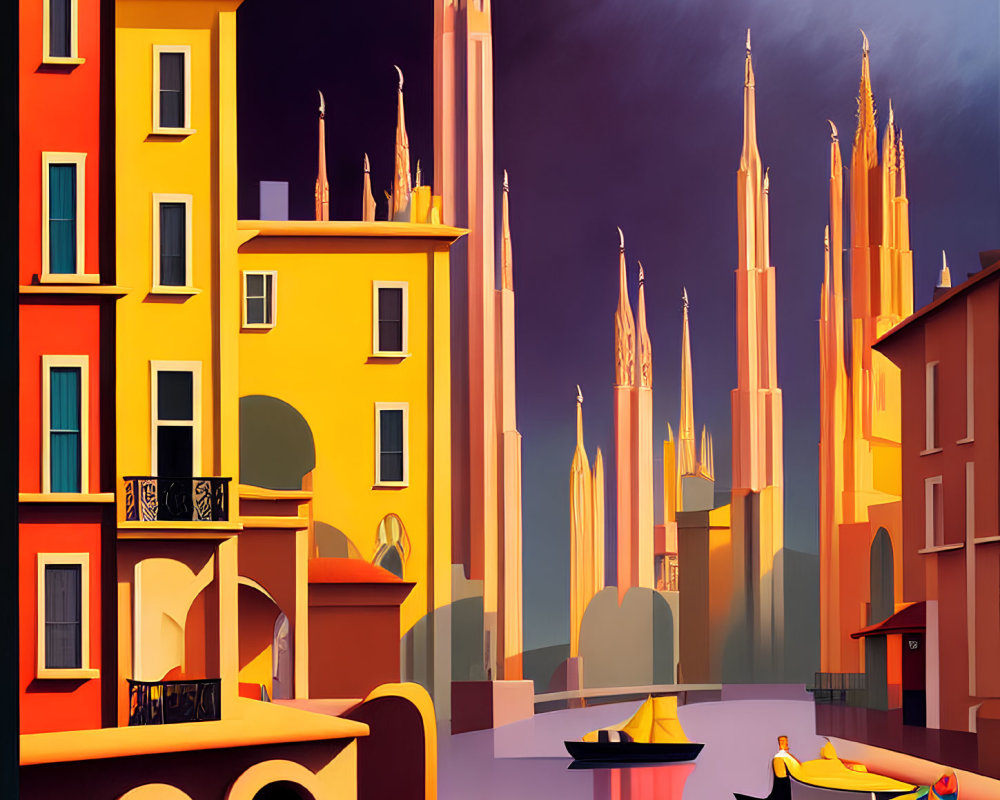 Vibrant cityscape with yellow and orange buildings, river, boats, and tall spires under