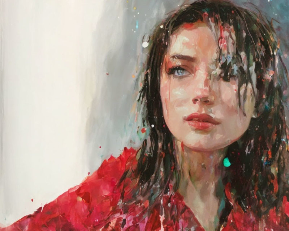 Woman portrait with expressive eyes, red attire, and dynamic splashes.