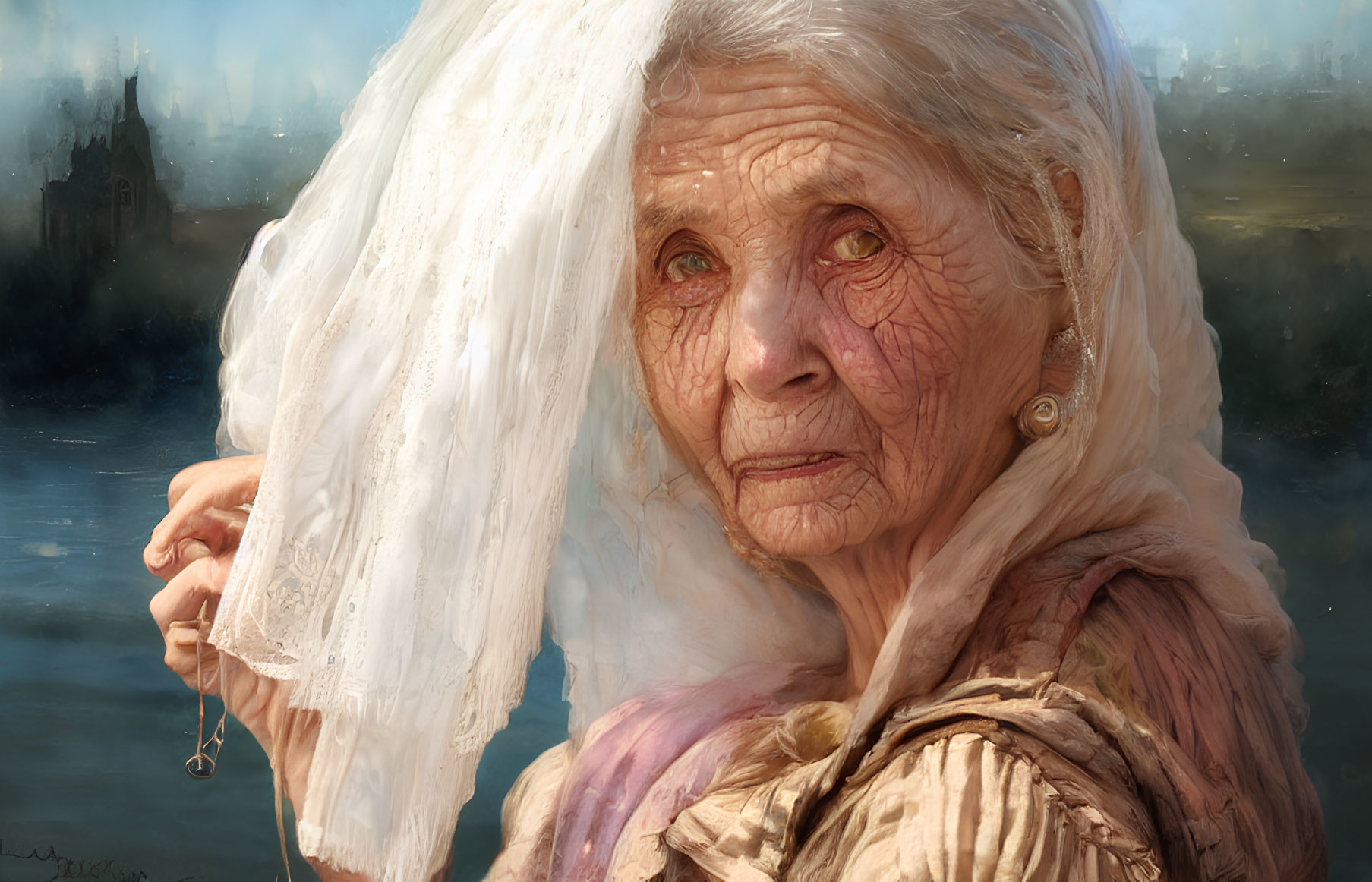 Elderly woman with deep wrinkles and lace veil in warm-toned garments