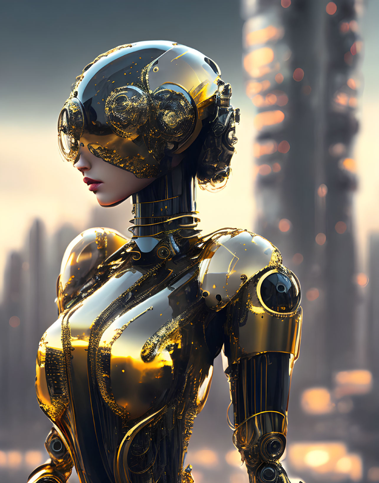 Detailed Golden Humanoid Robot with Futuristic Cityscape View