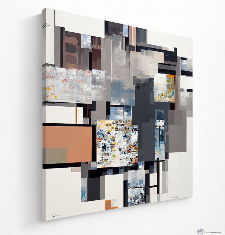 Geometric Collage Painting in Gray, Brown, Blue, and White on White Wall