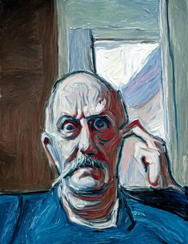 Intense bald man with mustache in painting, touching ear, with window in background