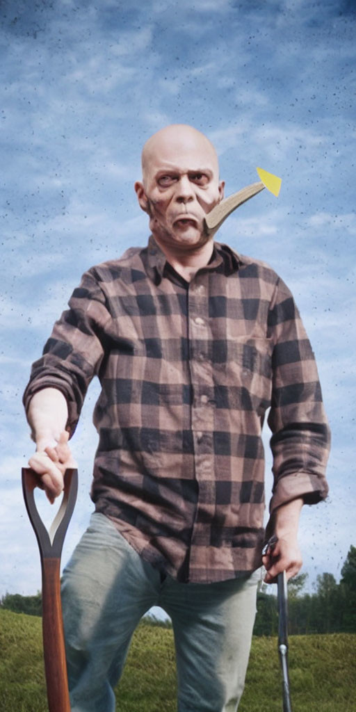 Exaggerated facial features person with shovel and plaid shirt on sky background