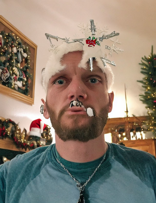 Man with snowflake beard decoration, Santa hat, chain necklace, Christmas tree backdrop