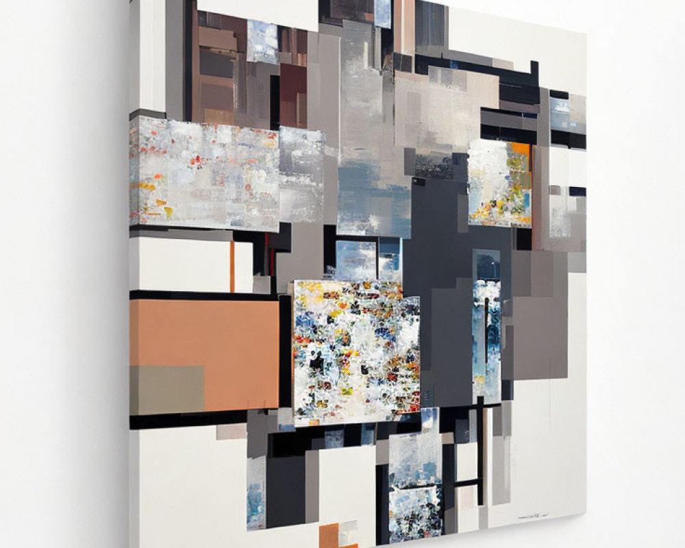 Geometric Collage Painting in Gray, Brown, Blue, and White on White Wall