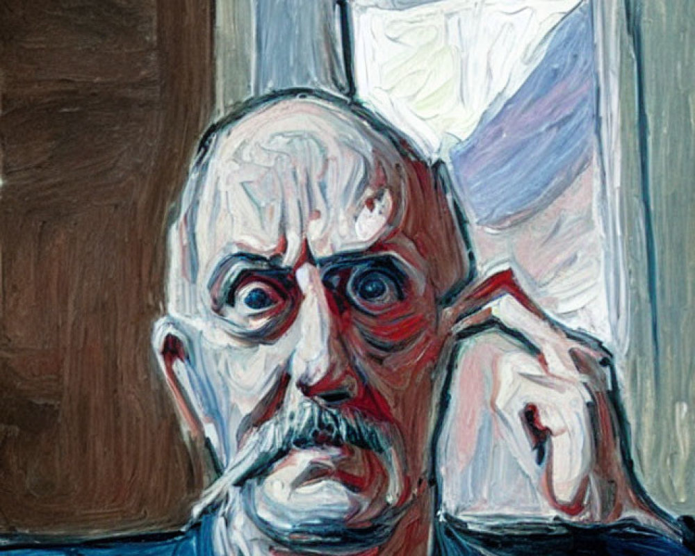 Intense bald man with mustache in painting, touching ear, with window in background