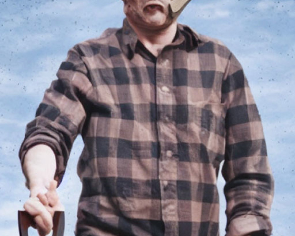 Exaggerated facial features person with shovel and plaid shirt on sky background