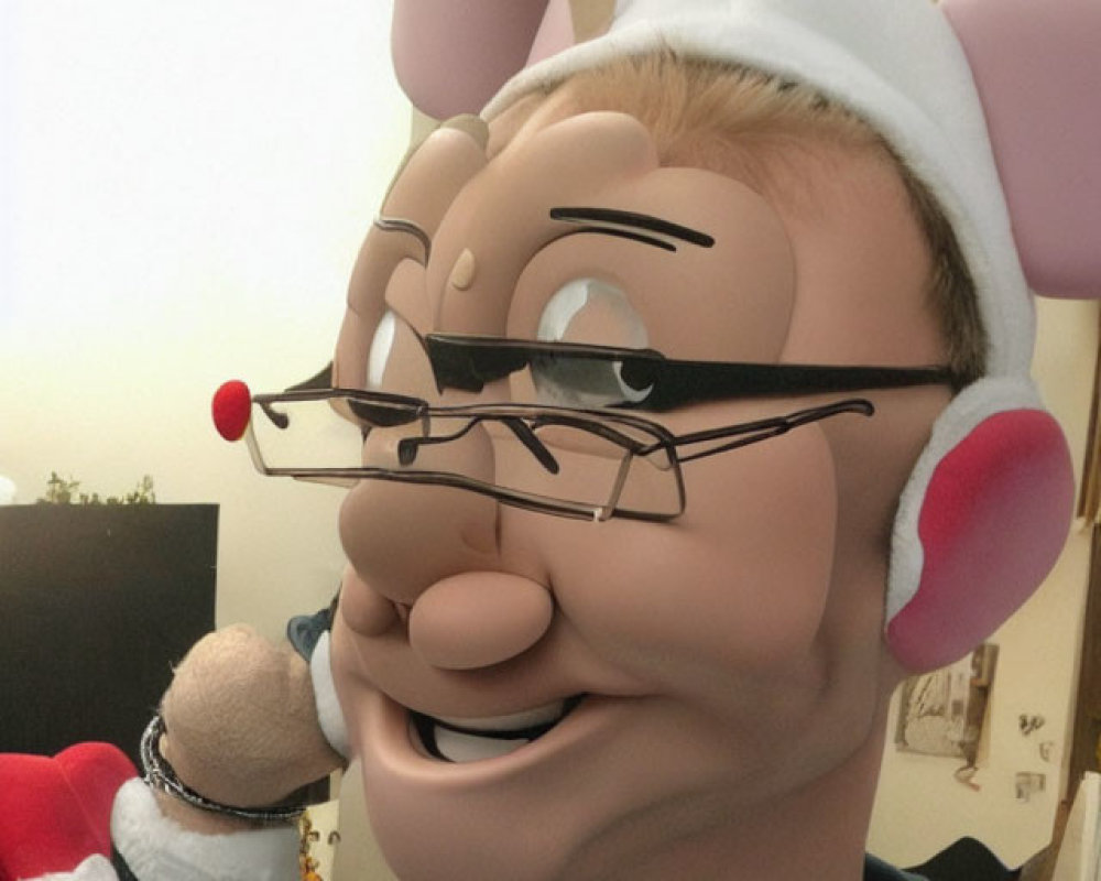 Person in Large Cartoonish Mouse Head Mask with Glasses Resting Chin on Hand