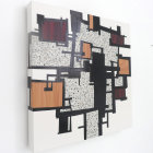 Geometric Collage Painting in Gray, Brown, Blue, and White on White Wall