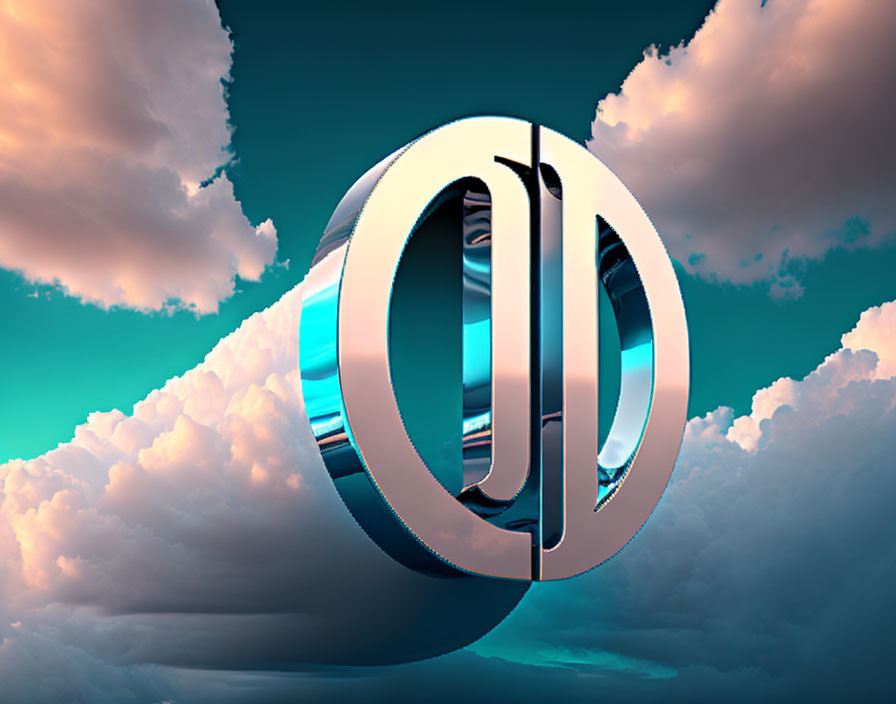 Metallic 3D symbol "O" and "D" in dramatic sky with fluffy clouds and