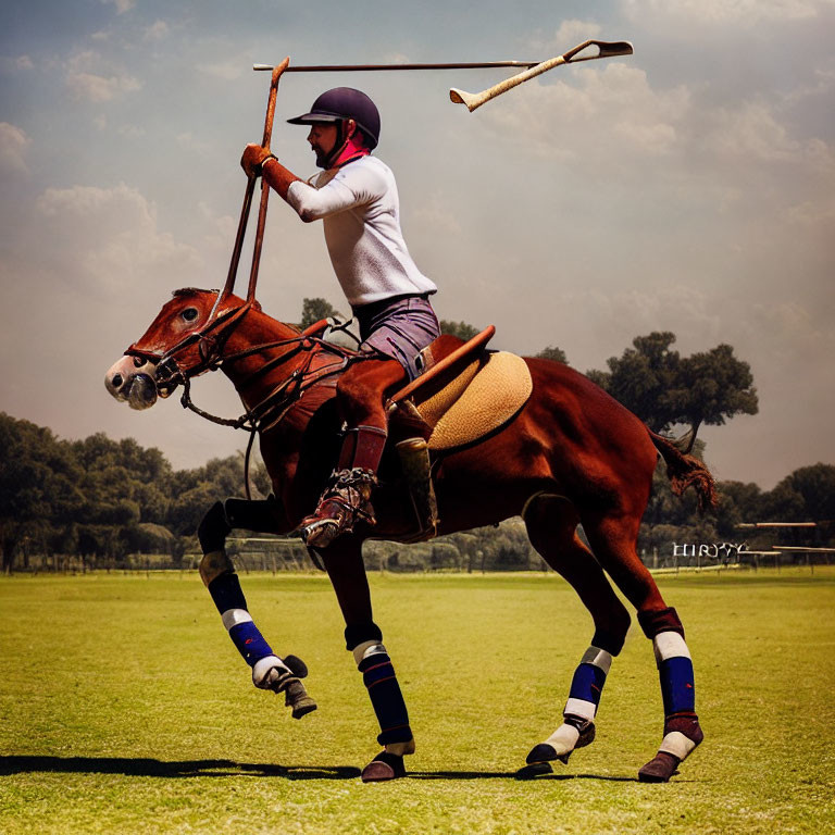 Polo player on brown horse with mallet, wearing protective gear