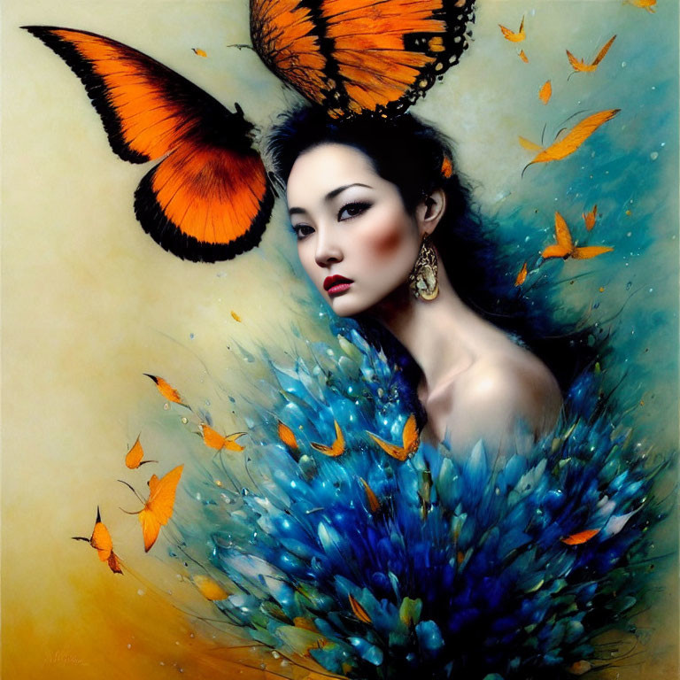 Woman adorned with peacock feather garment and butterflies, surreal beauty.